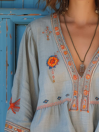 Women’s Boho Embroidered Blouse | V Neck