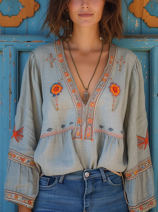 Women’s Boho Embroidered Blouse | V Neck