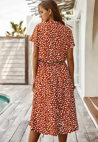 Damen Bedrucktes Midi Kleid mit Knöpfen | Taillengürtel