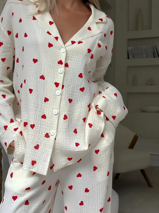 Women's Pajama Set with Heart Pattern | Long Sleeve