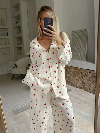 Damen Pyjama Set mit Herzmuster | Langarm