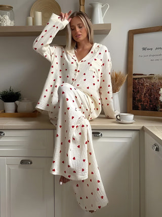 Damen Pyjama Set mit Herzmuster | Langarm