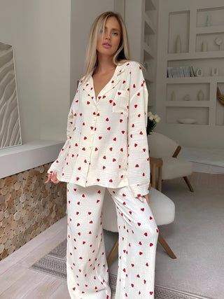Damen Pyjama Set mit Herzmuster | Langarm