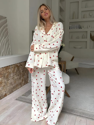 Damen Pyjama Set mit Herzmuster | Langarm