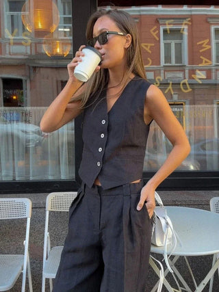 Ensemble gilet femme avec boutons | Jambe large