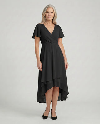 Damen Kleid mit V-Ausschnitt und Rüschen | Midi