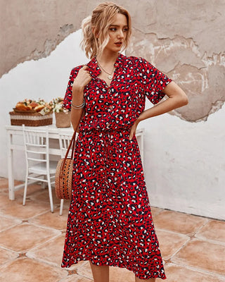 Damen Bedrucktes Midi Kleid mit Knöpfen | Taillengürtel