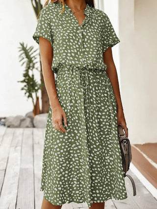 Damen Bedrucktes Midi Kleid mit Knöpfen | Taillengürtel