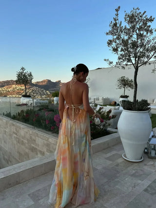 Robe femme avec décolleté halter et motif floral | Maxi