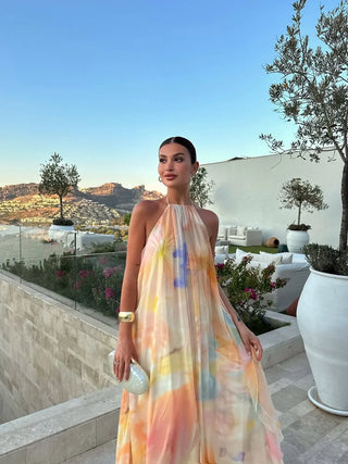 Robe femme avec décolleté halter et motif floral | Maxi