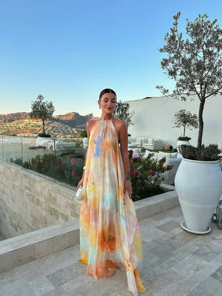 Robe femme avec décolleté halter et motif floral | Maxi