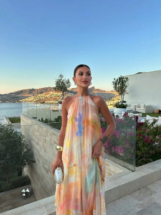 Robe femme avec décolleté halter et motif floral | Maxi