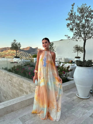 Robe femme avec décolleté halter et motif floral | Maxi